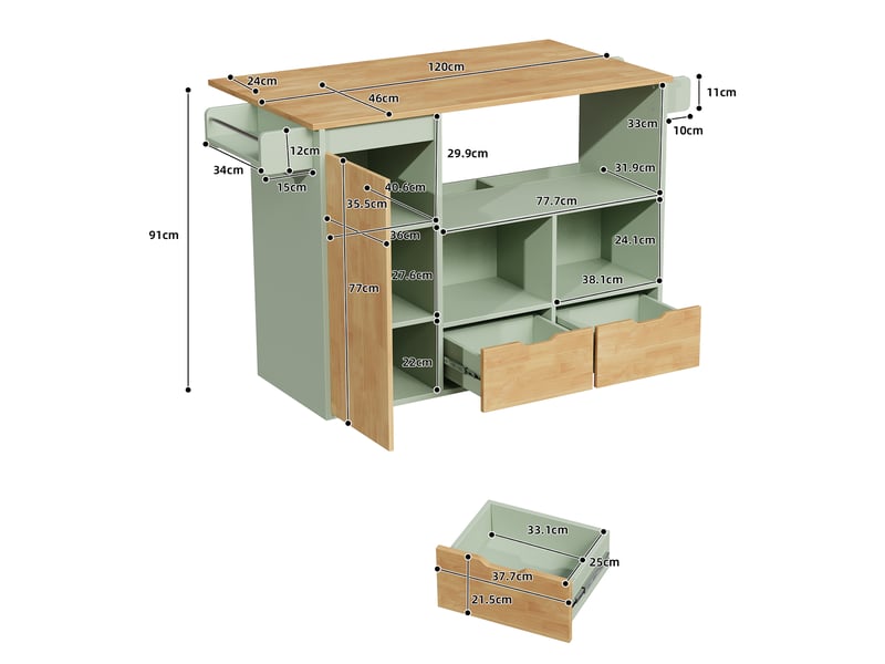  Îlot de cuisine mobile 120x70x91 cm vert, plateau rabattable, 2 tiroirs et roulettes verrouillables Fay Lum - Conforama C