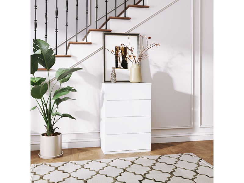  Commode blanche avec 4 tiroirs, dimensions 55 x 33 x 80 cm, en bois, idéale comme sideboard ou rangement  - Conforama B