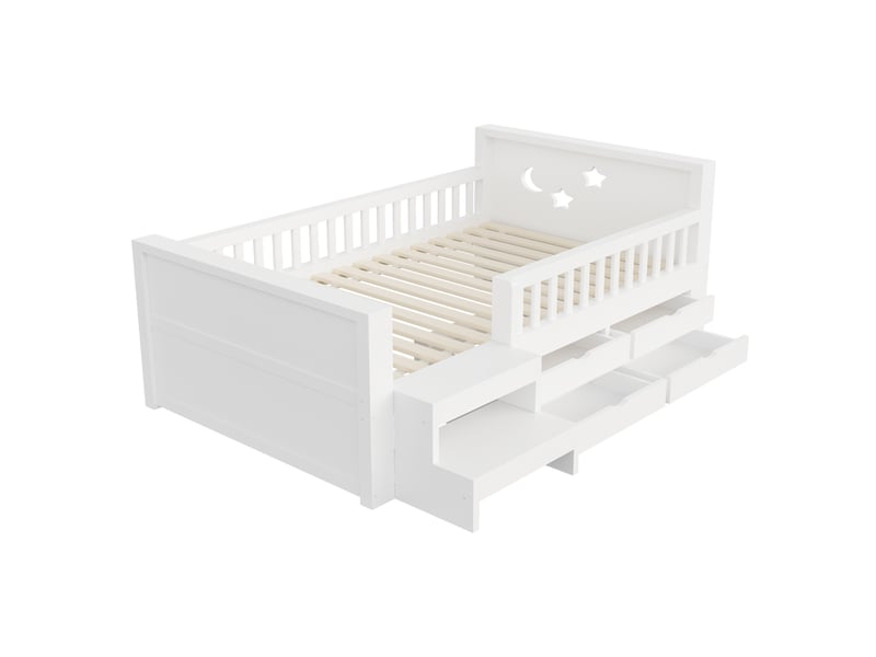  Lit enfant 90x200 cm blanc avec tête de lit étoiles et lune, 4 tiroirs, marche et barrière et led  - Conforama E
