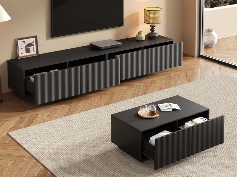 Ensemble de meuble tv + table basse -200×40×35 cm - design ondulé - avec tiroirs de rangement - noir  - Conforama B