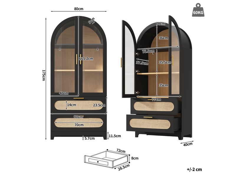  Vitrine haute 80x40x175 cm, bibliothèque avec portes vitrées, 2 tiroirs et étagères réglables, arches style montmartre, noir  - Conforama C