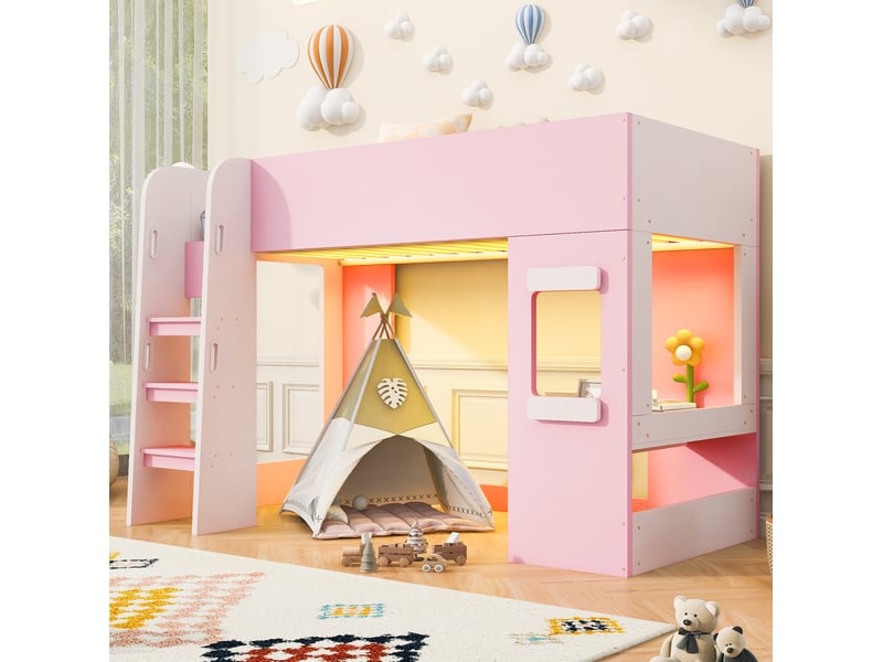  Lit mezzanine 90 × 200 cm 1 place avec bureau, éclairage led et échelle sécurisée, sans matelas, rose  - Conforama B