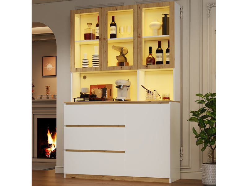  Vitrine haute led avec portes vitrées, 3 tiroirs et niche passe-câbles pour salon, en mdf blanc et chêne, 120 × 200 cm  - Conforama B