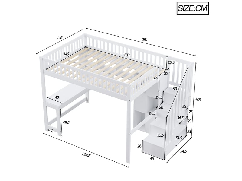  Lit mezzanine 140x200 cm avec bureau, rangements et led blanc  - Conforama C