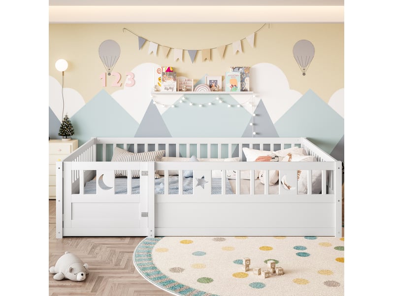  Lit enfant 140x190 cm avec barrières verrouillables en bois de pin blanc  - Conforama B