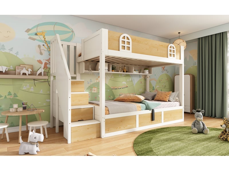  Lit superposé 90 × 200 cm, coffre à vérins relevable, escalier de rangement et étagère, décor cabane, blanc et naturel  - Conforama B