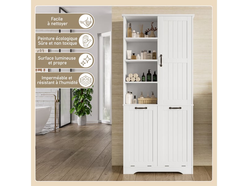  Armoire de salle de bain 78 x 35 x 172,7 cm,blanc,panneau mdf laqué,double panier à linge,étagères réglables  - Conforama E