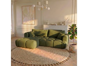 Canapé nuage angle gauche en bouclette et pin massif vert - assise moelleuse - elina - morphea