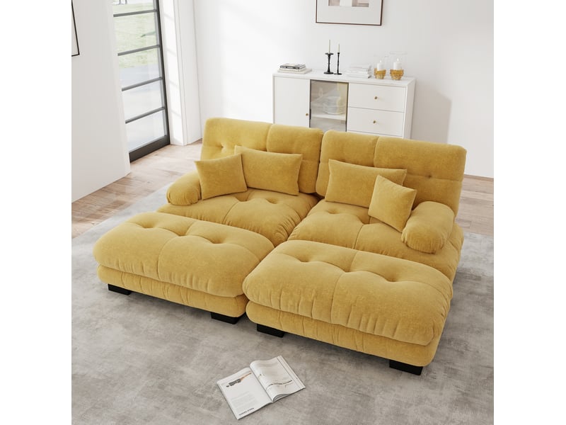  Canapé d'angle modulable 2 places en chenille jaune avec 2 ottomans  - Conforama D
