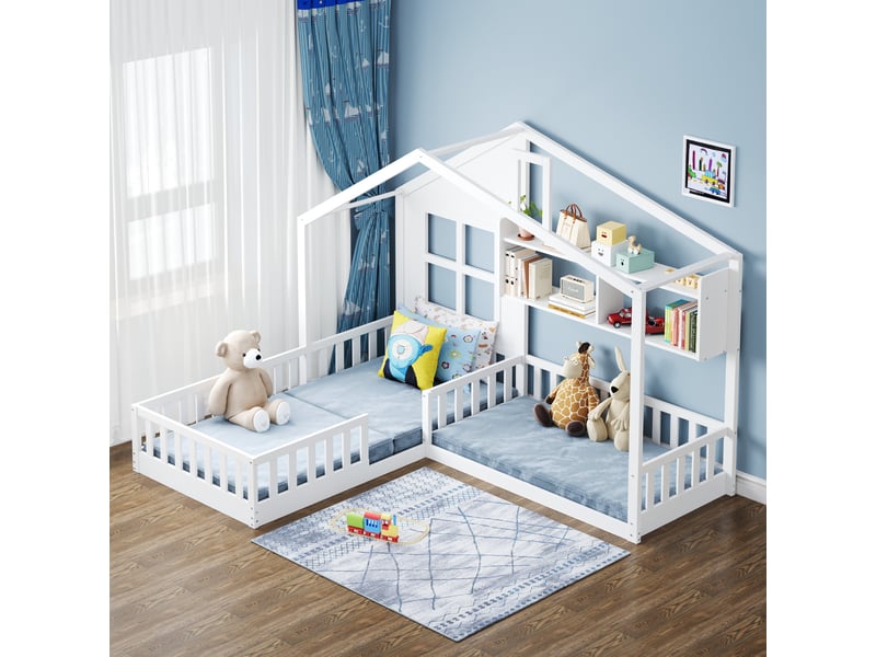 Lit enfant 90x200cm, lit cabane avec fenêtre et cheminée, barrière sécurité, bois massif blanc  - Conforama D