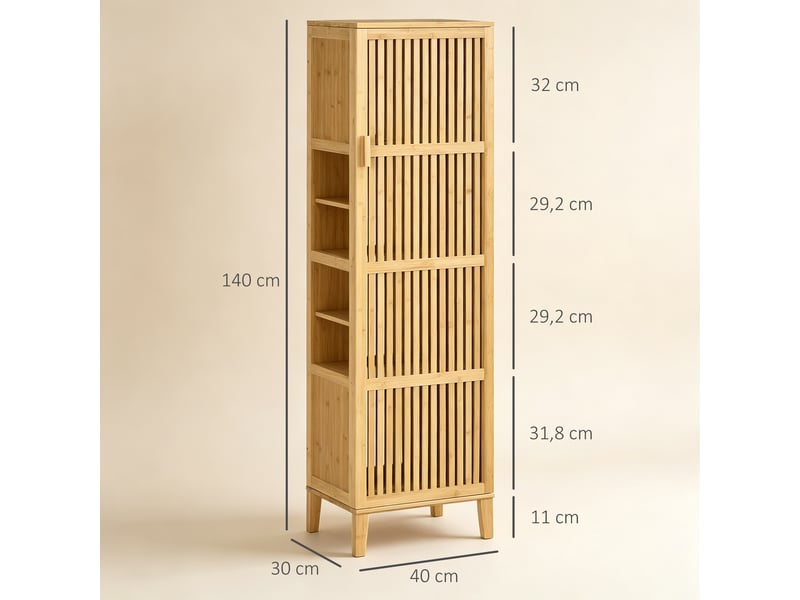  Meuble de rangement en bambou avec étagères et porte à lattes pour salle de bain, chambre, salon, 40 x 30 x 140 cm  - Conforama E