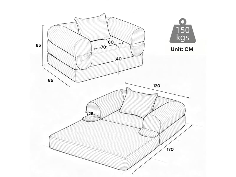  Fauteuil convertible lit vert - canapé single 120x85x65cm tissu côtelé rembourré salon  - Conforama C