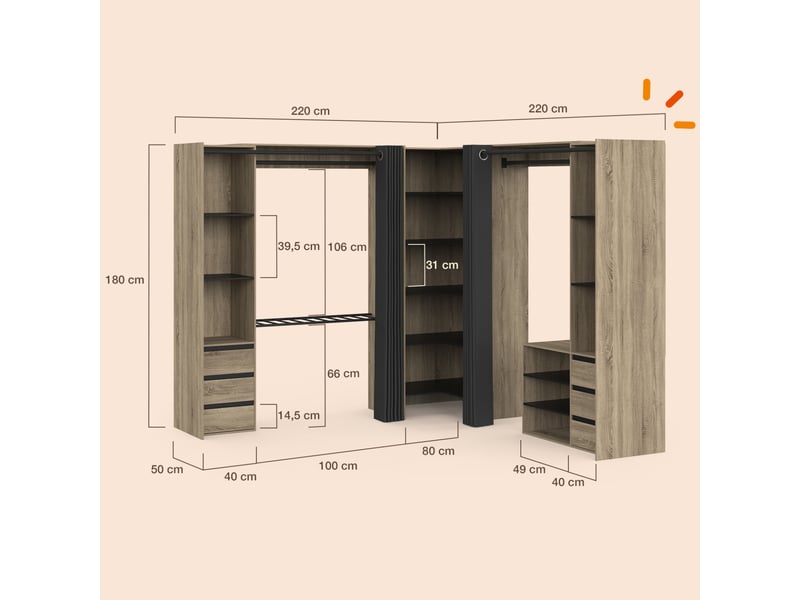  Dressing extensible d'angle marlon 220 x 220 x 180 cm hêtre avec penderies + porte pantalon + étagères + tiroirs + rideaux noirs  - Conforama D