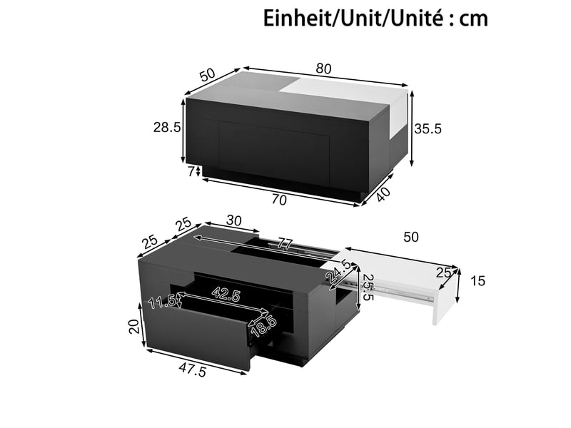  Table basse noir, rangement, éclairage led, fermeture douce, extensible, design moderne, plateau noir - mdf - 80x50x35.5cm - salon  - Conforama E