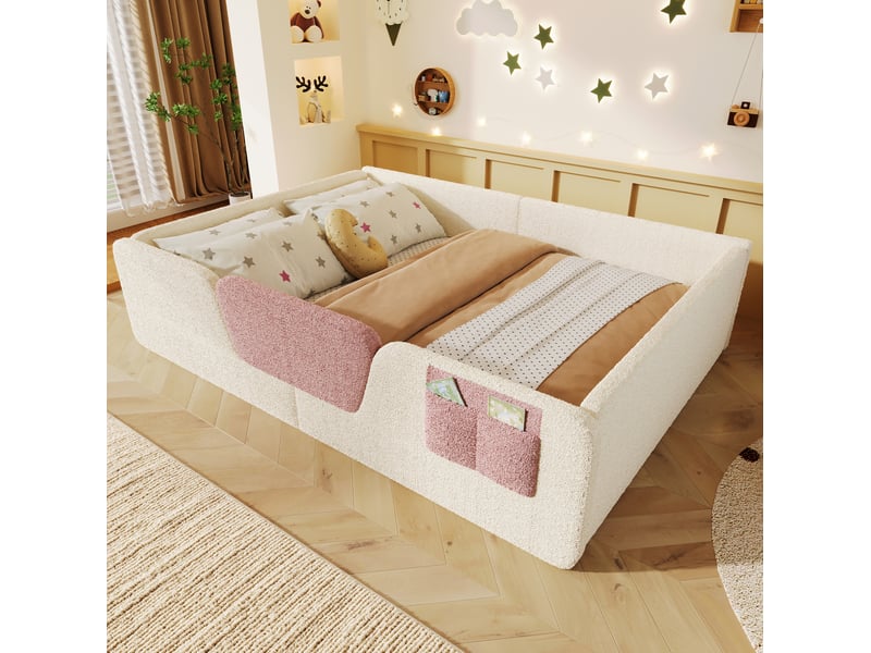  Lit 2 places enfant rembourré 140x190 cm en velours beige avec barrières amovibles  - Conforama B