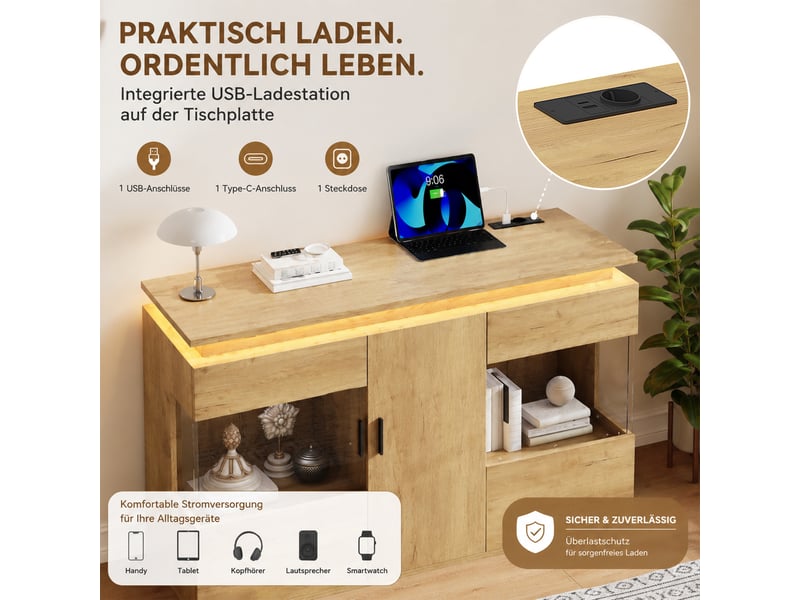  Buffet avec led et station de charge - lpospi - portes vitrées bois d’ingénierie chêne clair 120 × 40 × 79,5 cm  - Conforama E