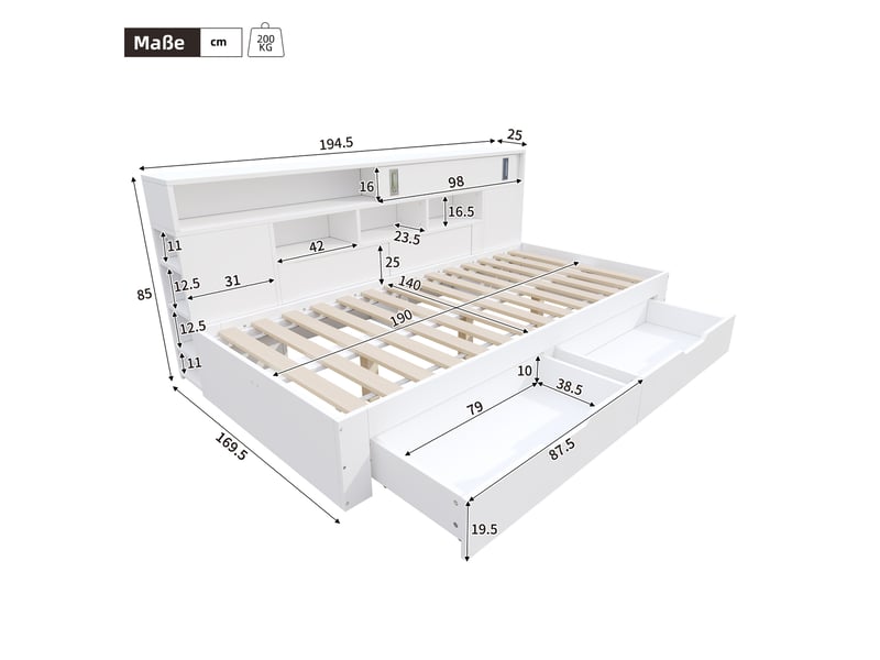  Lit jeune, 140x190 cm, espace nuit, 2 tiroirs pratiques, placard coulissant, étagères réglables, mdf, coloris blanc  - Conforama C