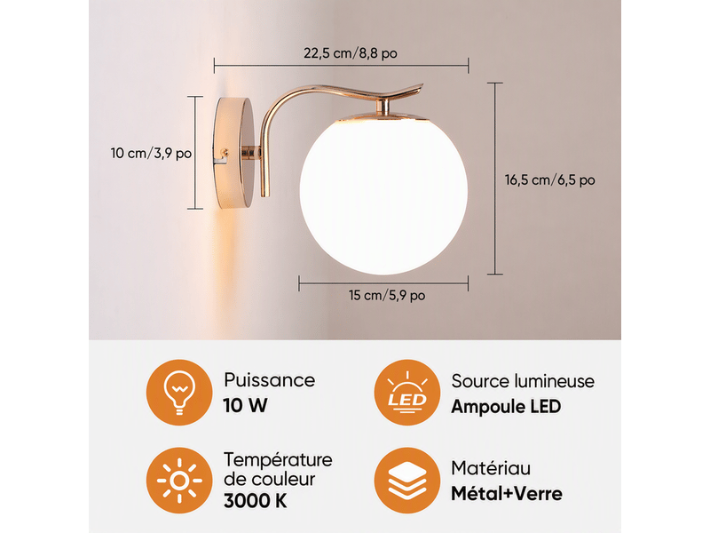  Applique murale lot de 2 led verre opalin doré 10w 3000k, design moderne pour salon chambre couloir  - Conforama C