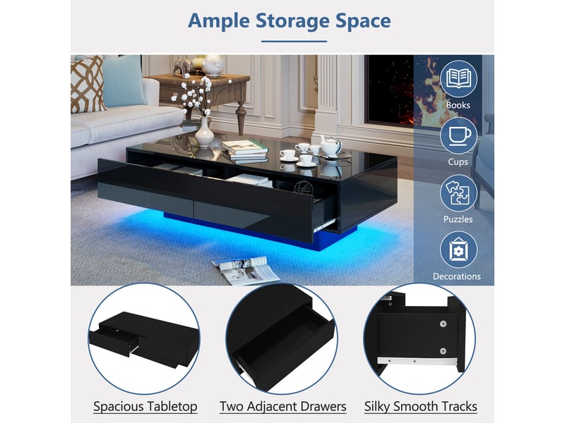  Table basse avec 2 tiroirs et éclairage led pour salon 115×55×34 cm en panneaux de particules noire  - Conforama C