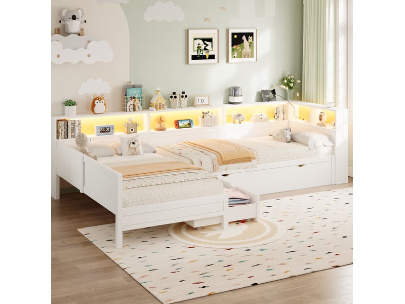 Lit plateforme en l 90x200 cm avec lit gigogne, tiroir et led coloris blanc - Conforama D