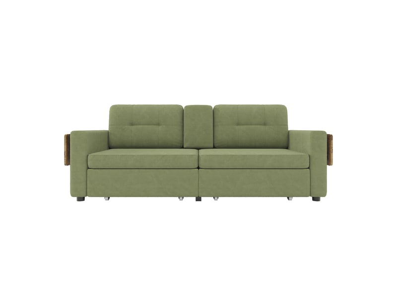  Canapé droit convertible 2 places vert en tissu, avec rangement, tables d’appoint réglables et porte-gobelets intégrés  - Conforama A