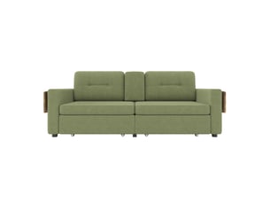 Canapé droit convertible 2 places vert en tissu, avec rangement, tables d’appoint réglables et porte-gobelets intégrés