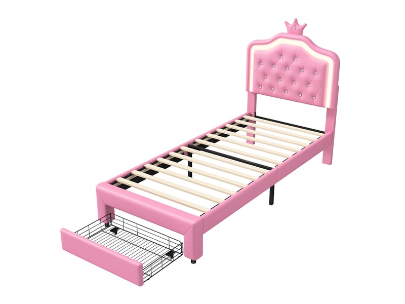  Lit simple 90x200 cm avec sommier, lit enfant avec tiroir et led, lit capitonné, tête de lit coquillage réglable, rose  - Conforama D