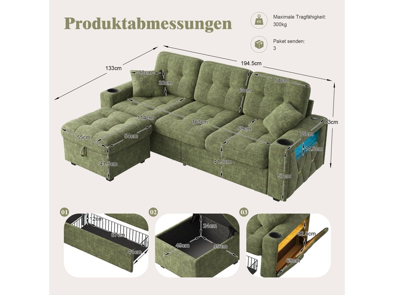  Canapé d’angle 3 places vec led pouf de rangement et ports usb et 2 tiroirs en chenille vert 194,5x133x83 cm BUYDEEMEUS - Conforama C