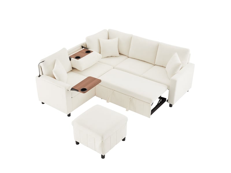Canapé d'angle convertible en chenille, beige 205x205 cm, avec pouf coffre & ports usb, lit d'appoint confortable pour salon & chambre. - Conforama A