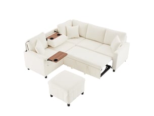 Canapé d'angle convertible en chenille, beige 205x205 cm, avec pouf coffre & ports usb, lit d'appoint confortable pour salon & chambre.