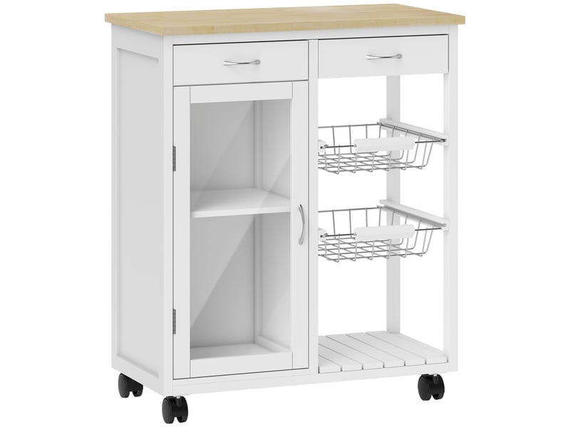 Desserte de cuisine à roulettes, îlot central cuisine avec plateau en bambou, 67 x 35 x 80 cm, porte vitrée, blanc - Conforama B