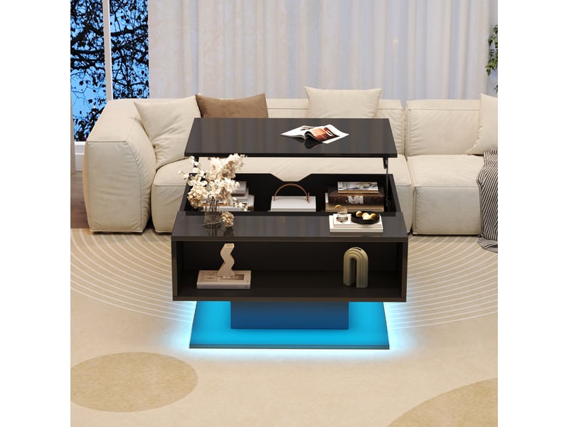  Table basse relevable avec espace caché, niche ouverte et led pour salon, 80 × 75 × 40 cm, en panneaux de particules, noir  - Conforama C