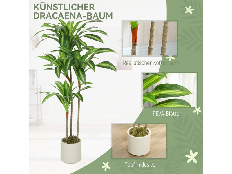 Plante artificielle dracaena avec tronc flexible sans entretien en plastique vert et pot blanc 60 × 40 × 120 cm - Conforama E
