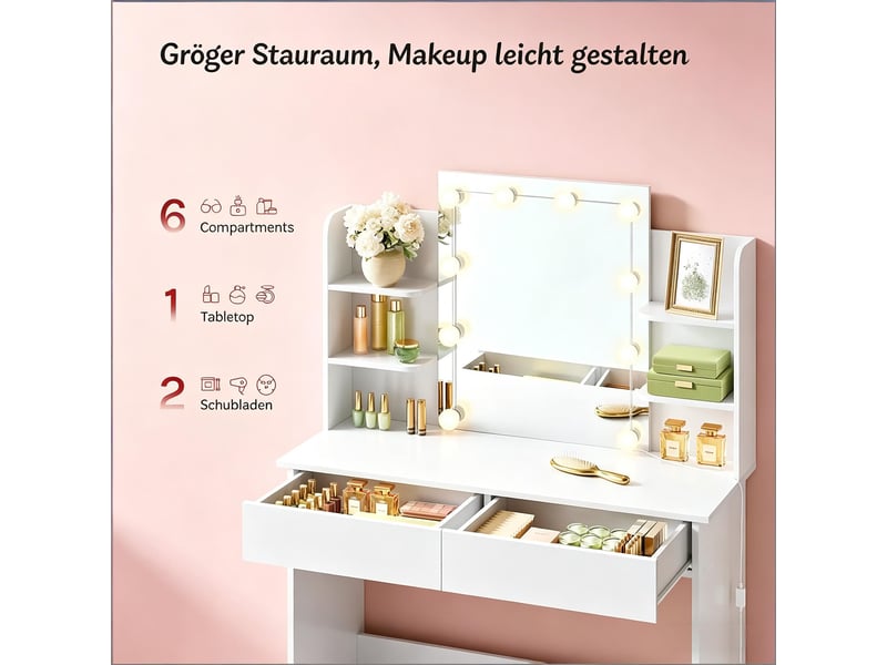  Coiffeuse avec miroir led, 2 tiroirs et 4 étagères, blanc, 90 x 40 x 135 cm T5828P498865 - Conforama D
