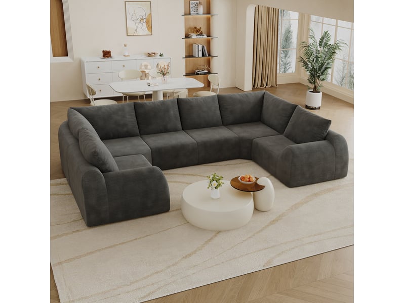  Canapé modulable modenvie 6 places en u 344 x 200 x 85 cm en mousse haute élasticité tissu chenille gris foncé  - Conforama D