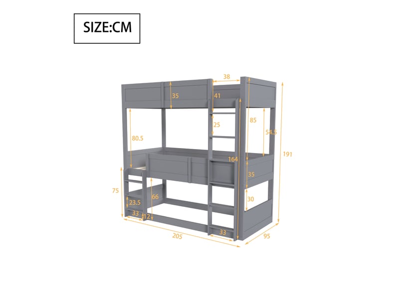 Lit superposé 3 places en bois massif, lit enfant 90x200 cm avec barrière de sécurité, séparable et gain de place, gris - Conforama R