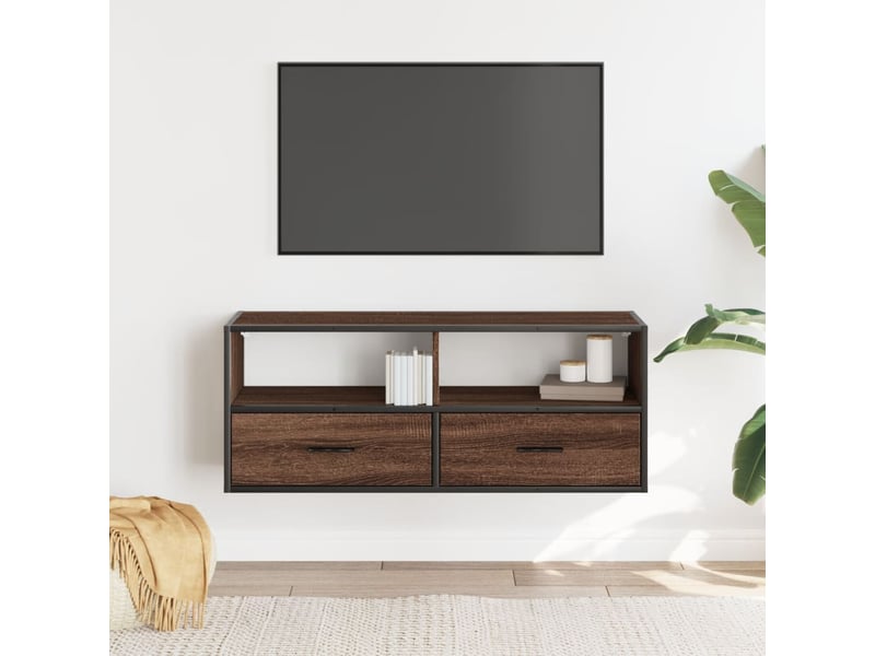  Meuble tv - banc tv - meuble de rangement chêne marron 100x31x39,5cm bois d'ingénierie et métal  - Conforama C
