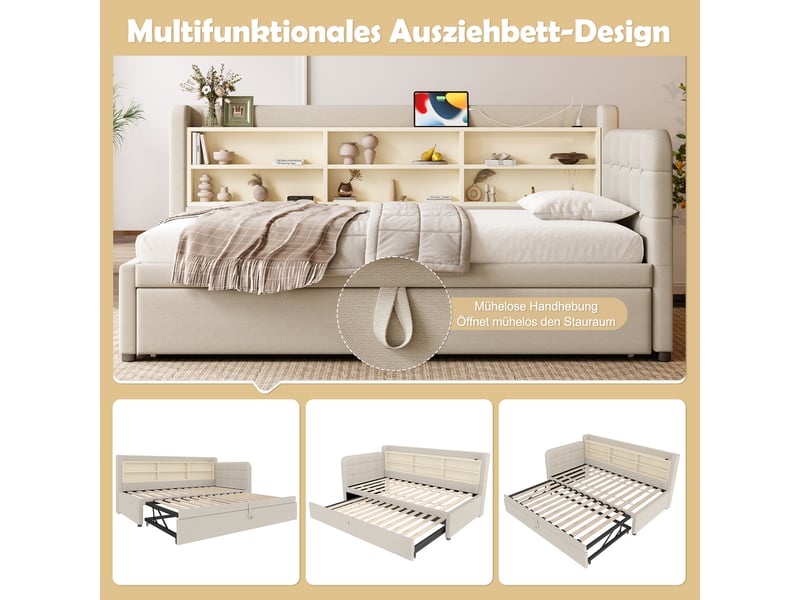  Lit banquette 90x200 en lin beige - lit gigogne extensible 180x200 avec ports usbtype c et rangements  - Conforama E