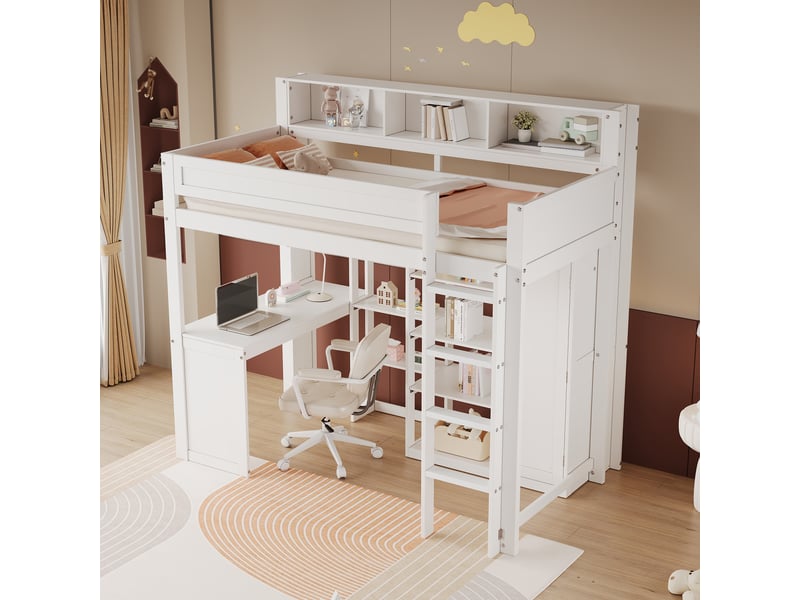  Lit mezzanine 90x200 cm avec table et armoire, lit superposé , lit enfant avec étagères et échelle à quatre niveaux, pin+mdf, blanc  - Conforama D