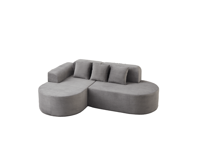 Canapé d'angle fixe 4 places avec méridienne incurvée et accoudoirs courbés, 3 coussins en velours côtelé gris - Conforama A