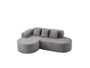 Canapé d'angle fixe 4 places avec méridienne incurvée et accoudoirs courbés, 3 coussins en velours côtelé gris