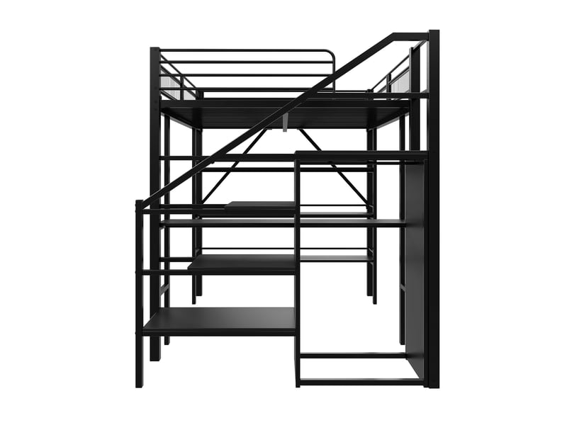 Lit mezzanine 140x200 cm en métal noir, bureau, armoire, étagères et escalier avec rangement - Conforama E
