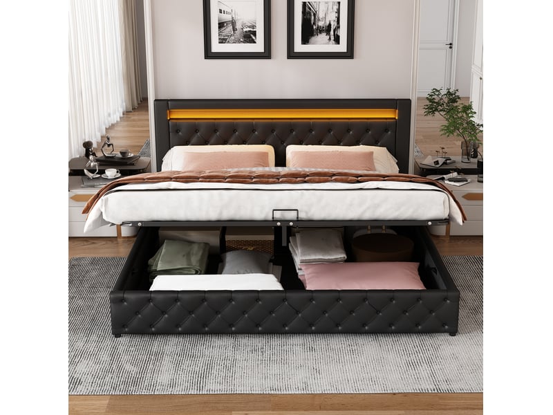  Lit coffre 160x200 cm avec sommier à lattes, led, tête de lit, pu noir  - Conforama D
