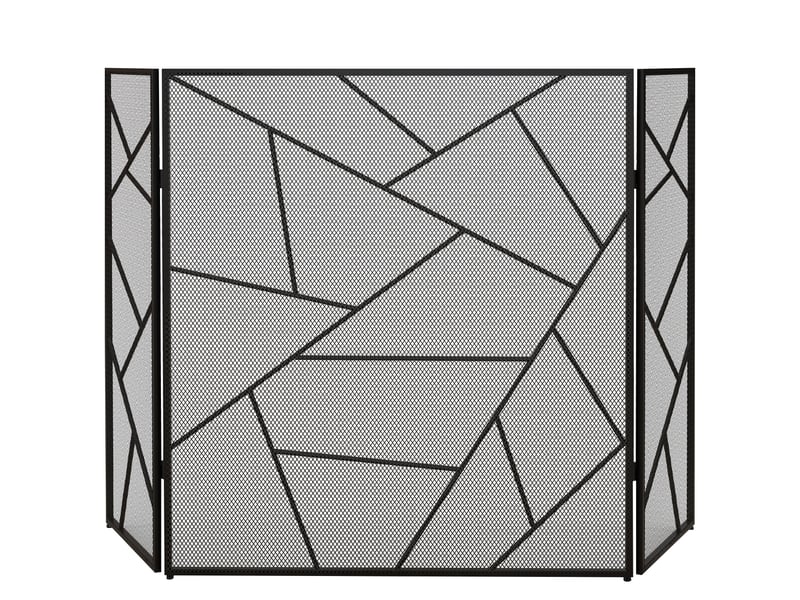  Pare feu cheminée pliable 3 panneaux en acier avec décor géométrique et pieds antidérapants, 135l x 1,2p x 85h cm, noir  - Conforama A