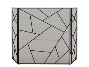 Pare feu cheminée pliable 3 panneaux en acier avec décor géométrique et pieds antidérapants, 135l x 1,2p x 85h cm, noir