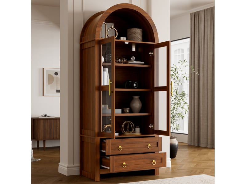  Vitrine haute 76x40x180 cm avec led, 2 portes vitrées et 2 tiroirs noyer  - Conforama B