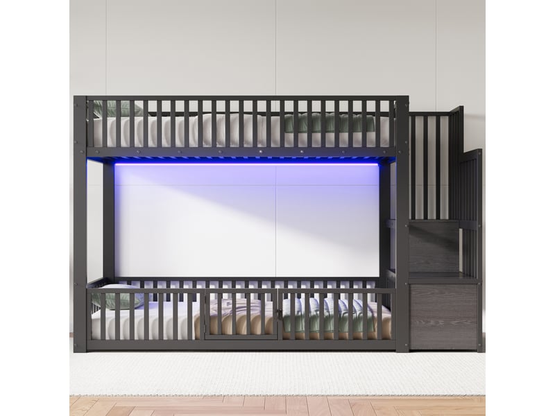 Lit superposé 2 places 90 × 200 cm avec led réglable, échelle de rangement et barrières, sans matelas, noir - Conforama C