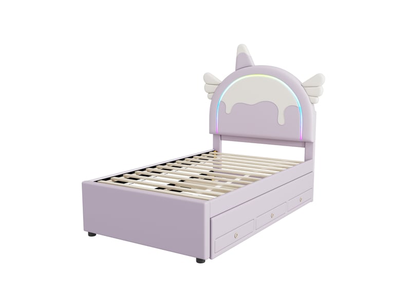  Lit enfant 90 x 200 cm, motif licorne, avec lit d'appoint extensible, en polyuréthane, violet  - Conforama E