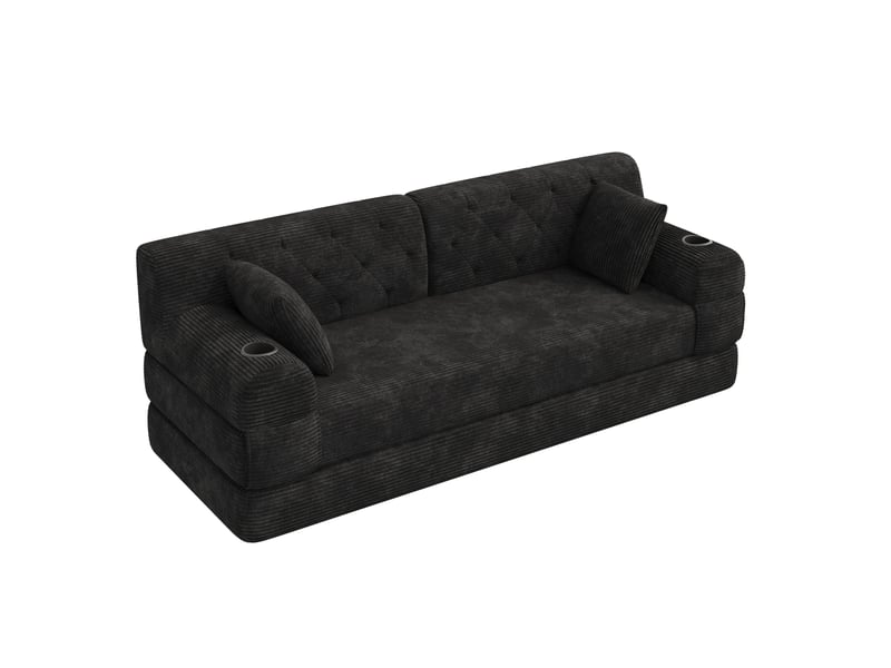 Canapé-lit 3 places modenvie convertible en velours côtelé noir, dossier haut, 4 poches, 2 porte-gobelets, 208 x 80 x 81 cm - Conforama A