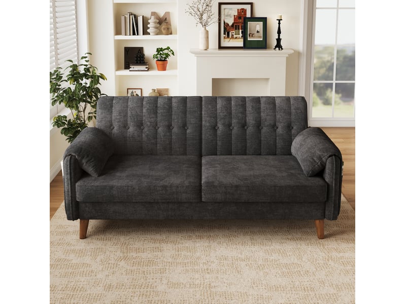  Canapé 2 places moderne en chenille gris foncé, accoudoirs et poches latérales, bois massif  - Conforama D